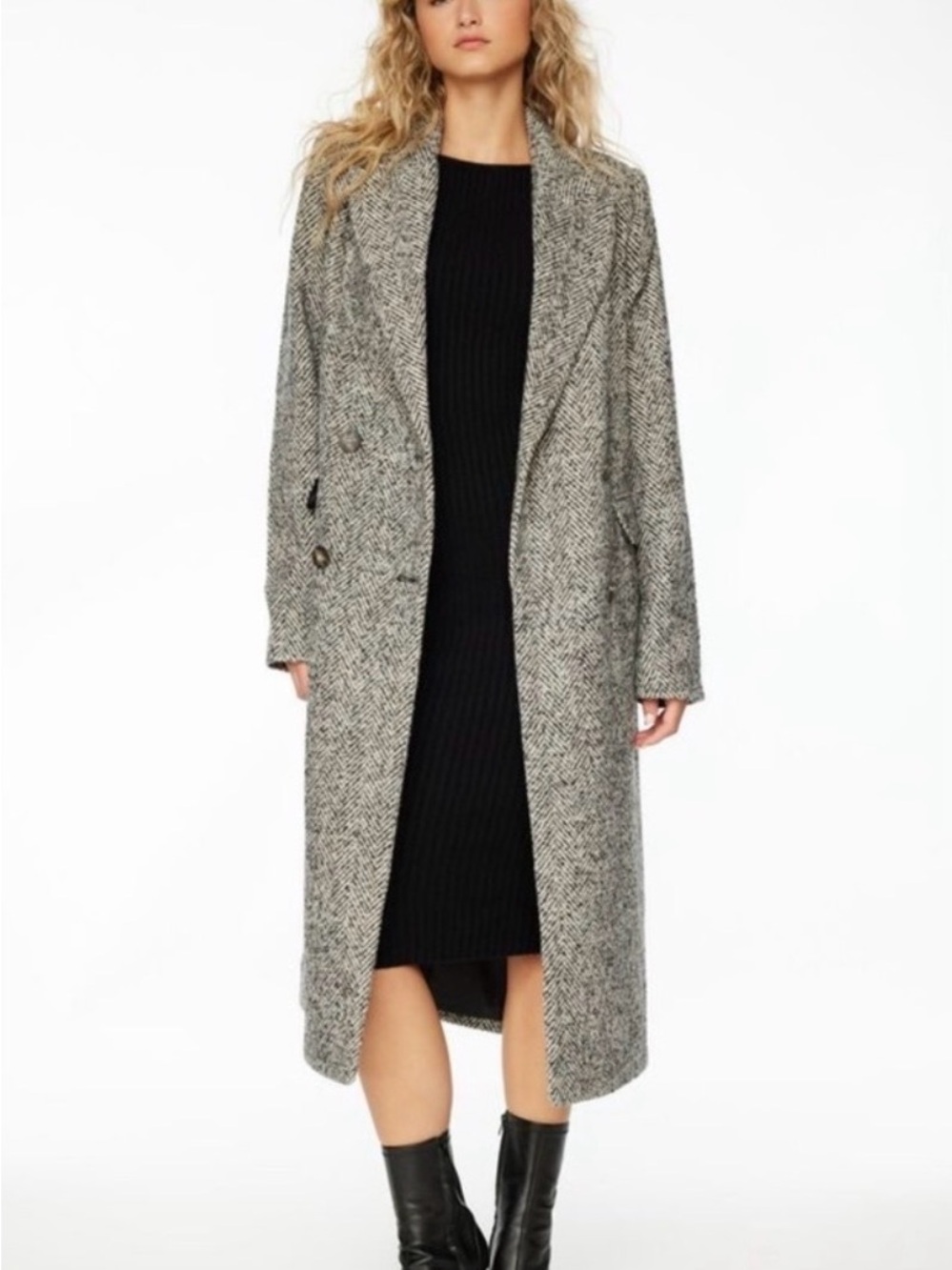 Dynamite Gray Herringbone Double-Breasted Pea Coat - Size XS/S